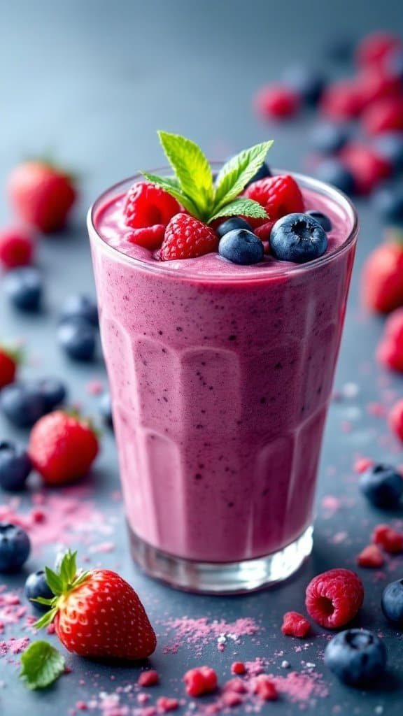 A vibrant bowl of berry bliss protein pudding topped with fresh berries and mint.