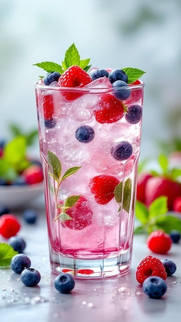 A refreshing glass of berry infused sparkling water with raspberries, blueberries, and mint.