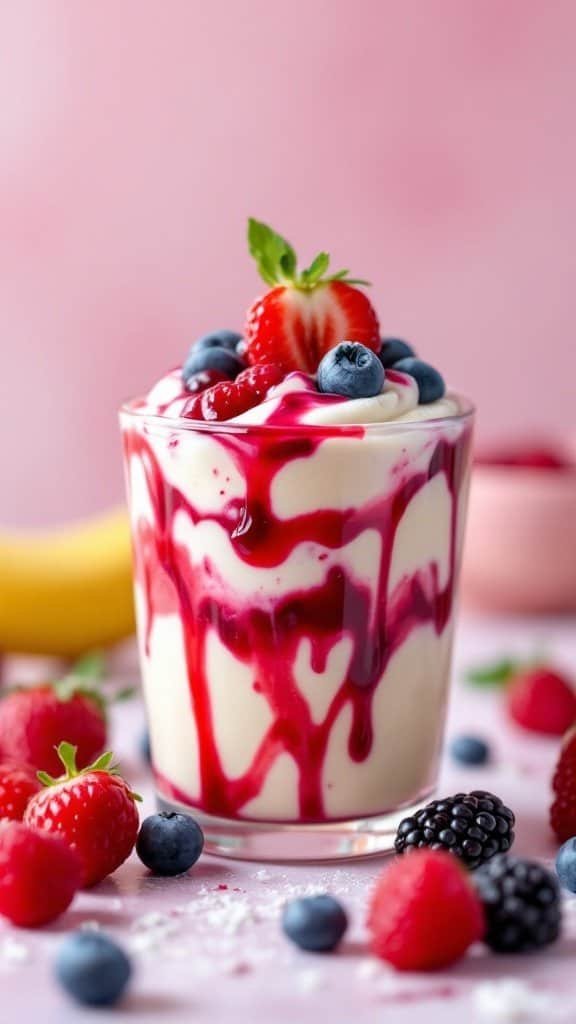 A delicious cup of berry swirl banana pudding topped with fresh berries and mint.