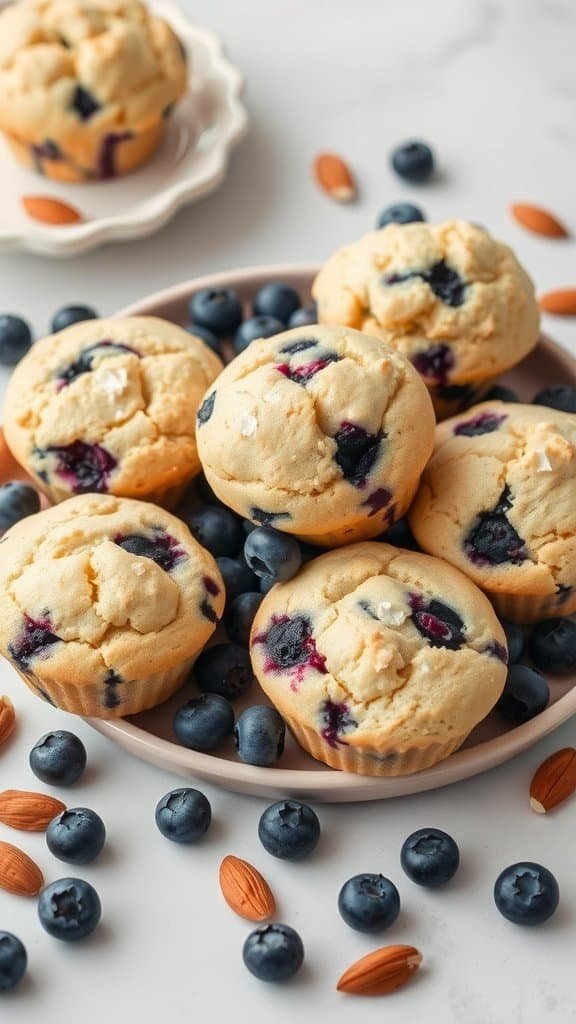 Blueberry almond flour muffins with fresh blueberries and almonds around.