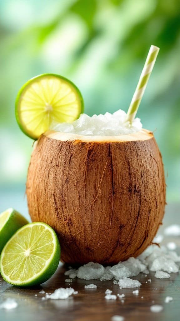 A refreshing coconut lime mocktail served in a coconut shell with lime slices.
