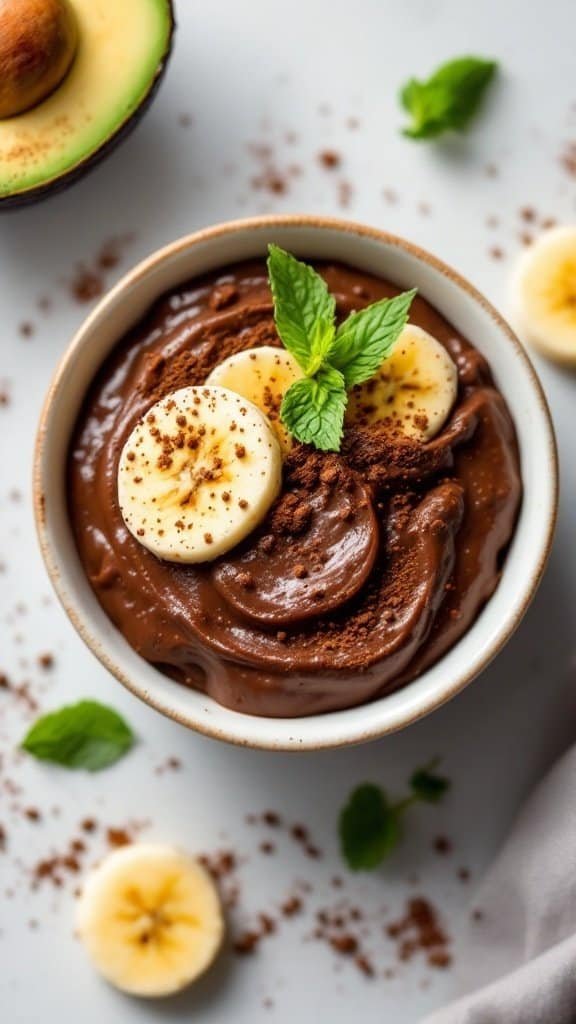 Bowl of chocolate avocado banana pudding topped with banana slices and mint leaves