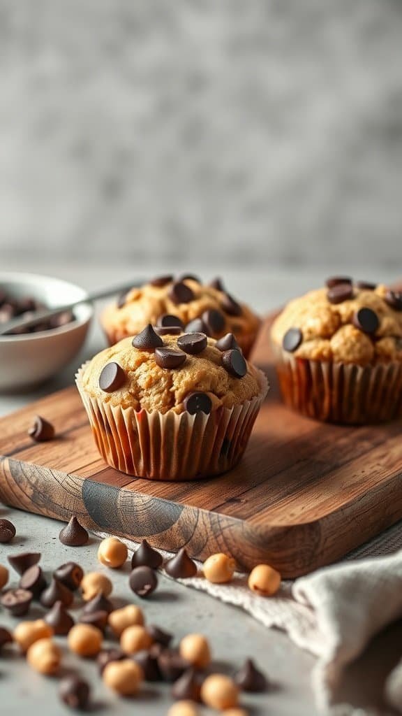 A close-up of freshly baked chocolate chip chickpea muffins on a wooden board, garnished with chocolate chips.