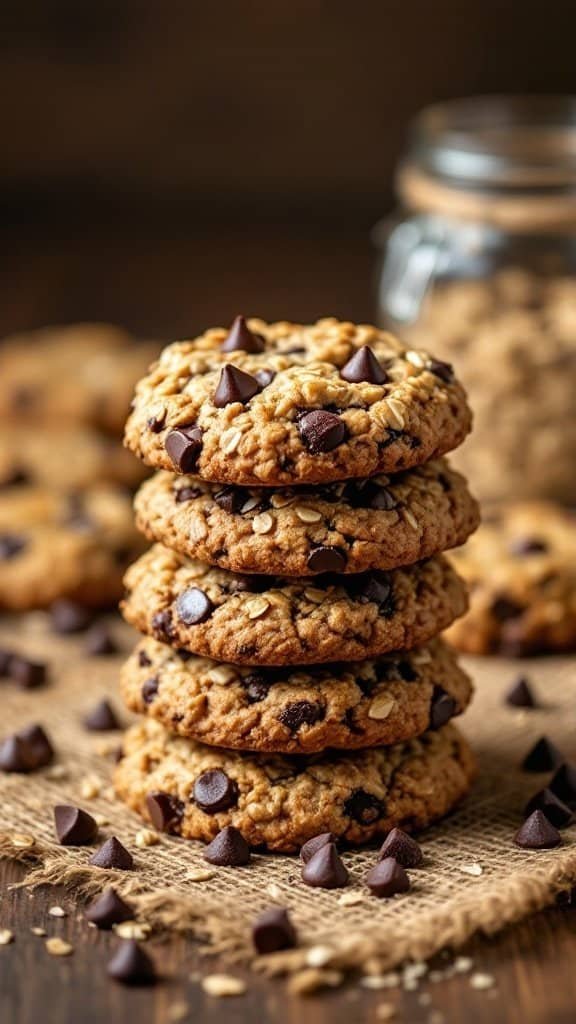 Stack of chocolate chip oatmeal cookies with flaxseed on a burlap cloth
