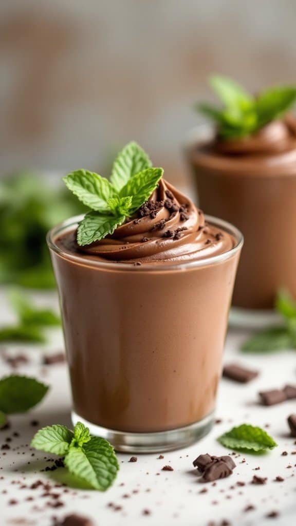 A creamy chocolate mint protein pudding garnished with mint leaves and chocolate shavings.