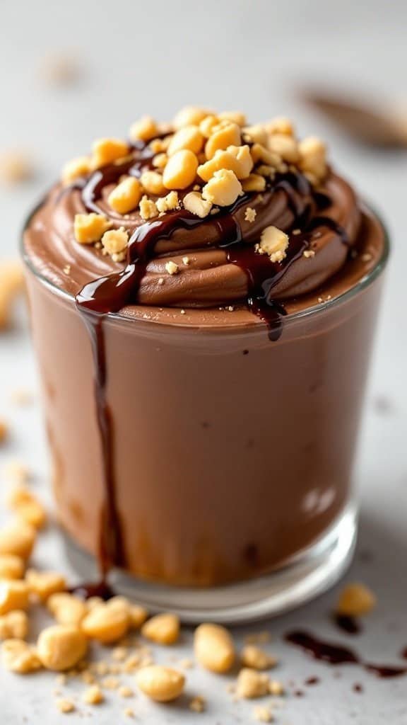 A glass of creamy chocolate peanut butter protein pudding topped with crushed peanuts and chocolate drizzle.