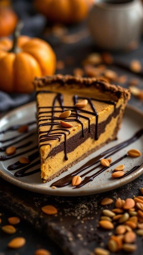 A slice of chocolate swirl sugar-free pumpkin pie on a plate with pumpkin decorations in the background.