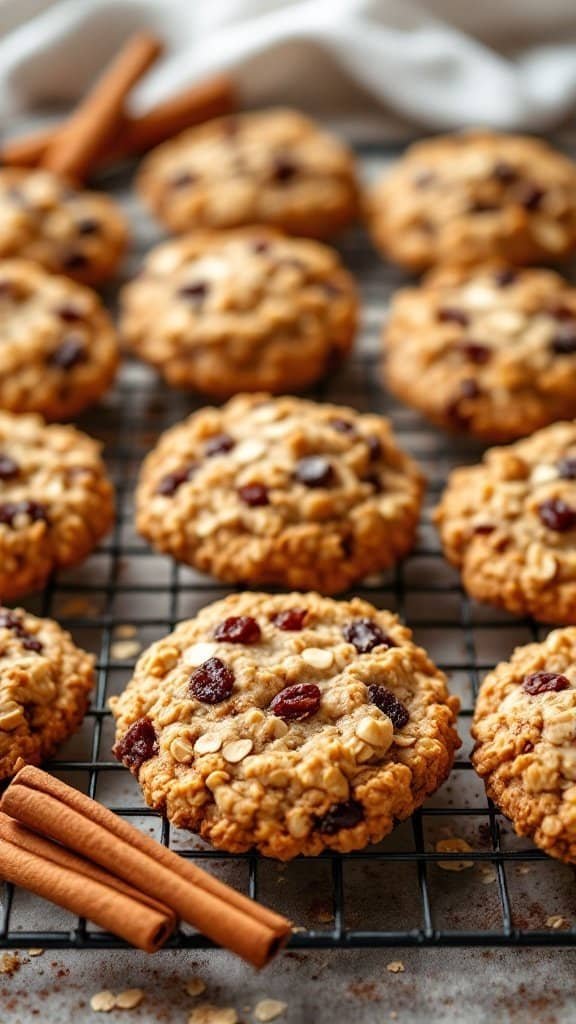 Cinnamon raisin oatmeal cookies with almond flour on a cooling rack, featuring cinnamon sticks beside them.