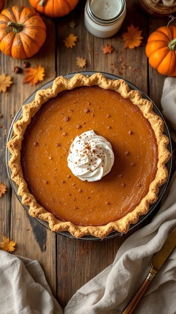 A classic sugar-free pumpkin pie topped with whipped cream and sprinkled with cinnamon, set on a rustic wooden table with autumn decorations.