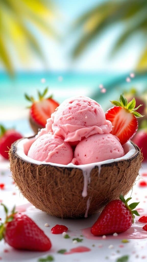 Coconut milk strawberry sorbet served in a coconut shell with fresh strawberries