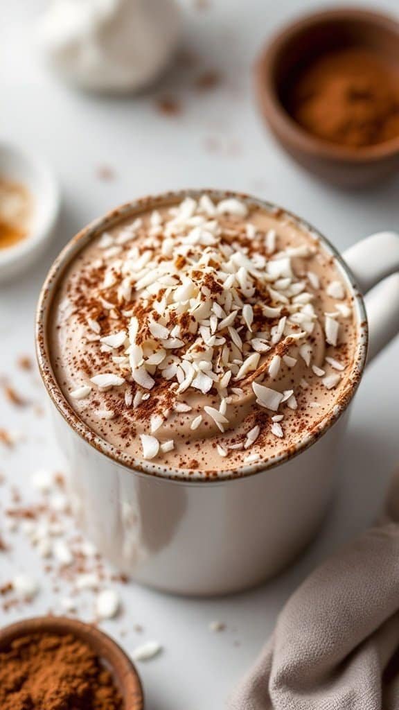 A cup of coffee coconut protein pudding topped with shredded coconut and cocoa powder.