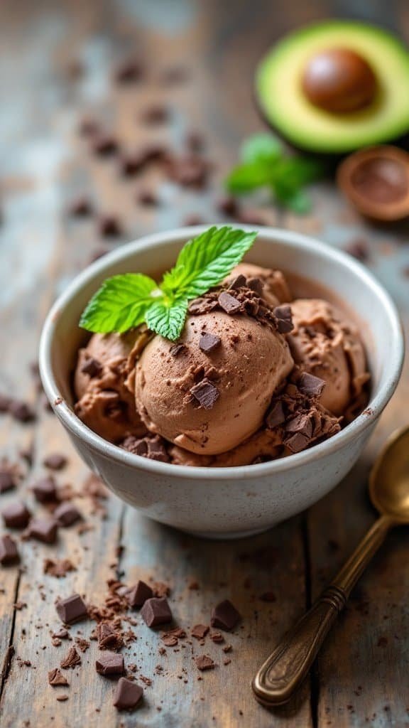 A bowl of creamy avocado chocolate ice cream garnished with mint leaves and chocolate chunks.