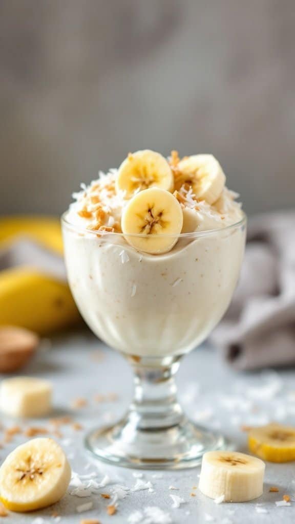 A dessert glass filled with creamy banana pudding topped with banana slices and coconut flakes.