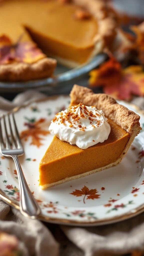A slice of crustless sugar-free pumpkin pie on a decorative plate with a fork beside it.