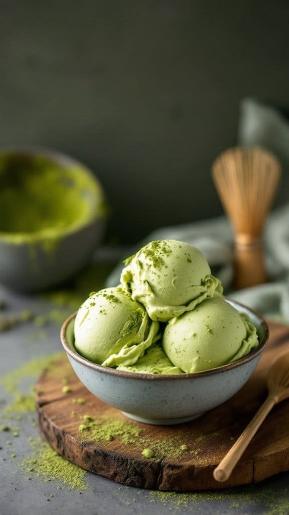 A bowl of creamy dairy-free matcha green tea ice cream garnished with matcha powder.