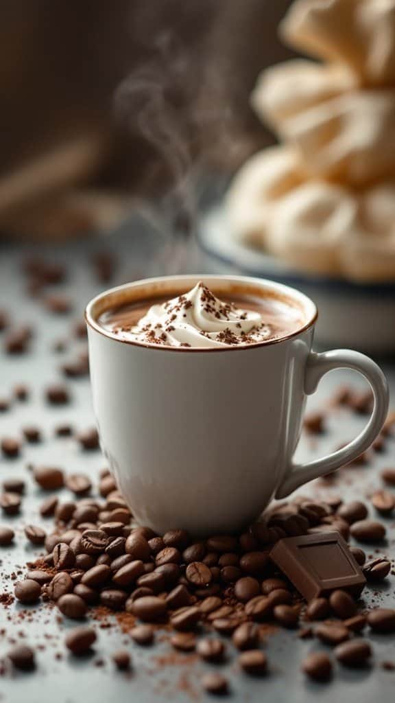 A steaming cup of mocha hot cocoa with whipped cream and chocolate shavings.