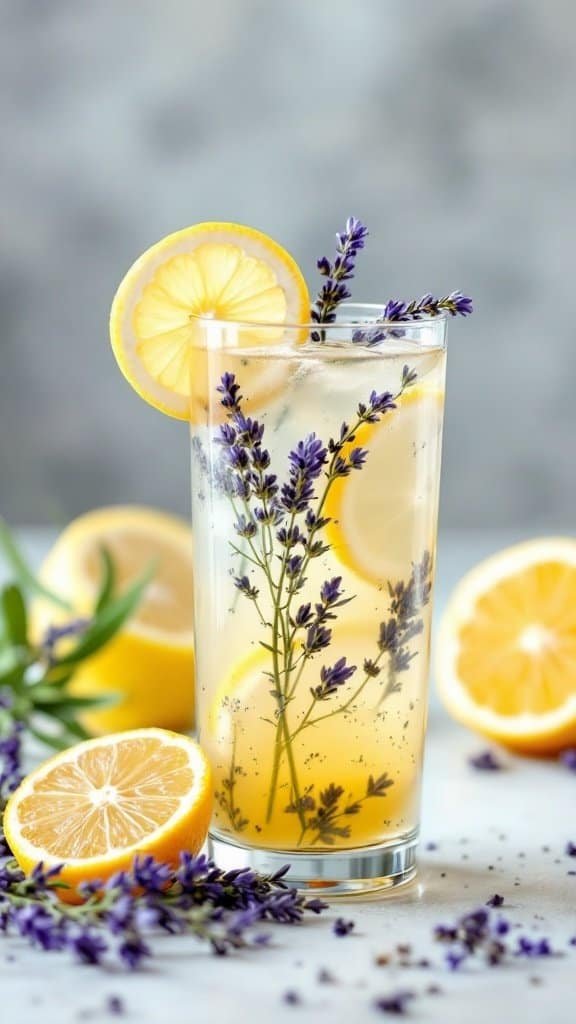A refreshing glass of herbal lavender lemonade with lemon slices and lavender sprigs.