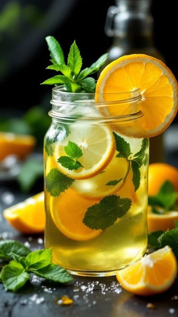 A refreshing glass of iced green tea with slices of lemon and orange garnished with mint leaves.