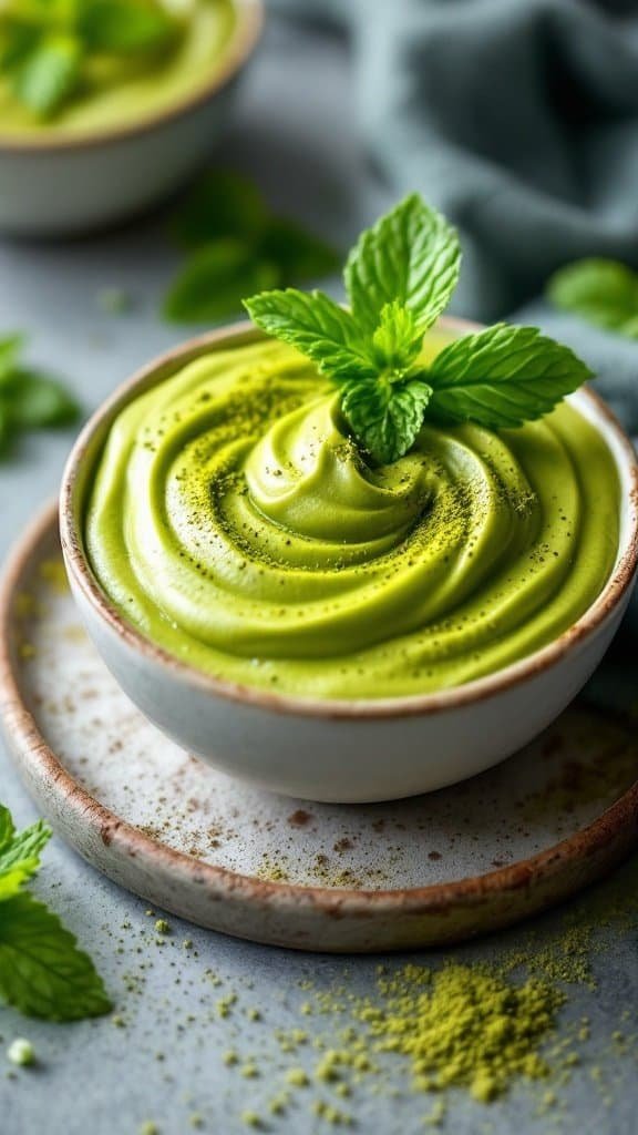 A bowl of creamy matcha green tea protein pudding topped with mint leaves.