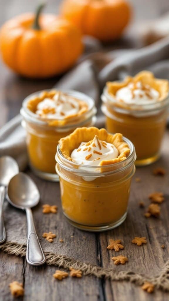Mini sugar-free pumpkin pies in jars topped with whipped cream and cookie decorations