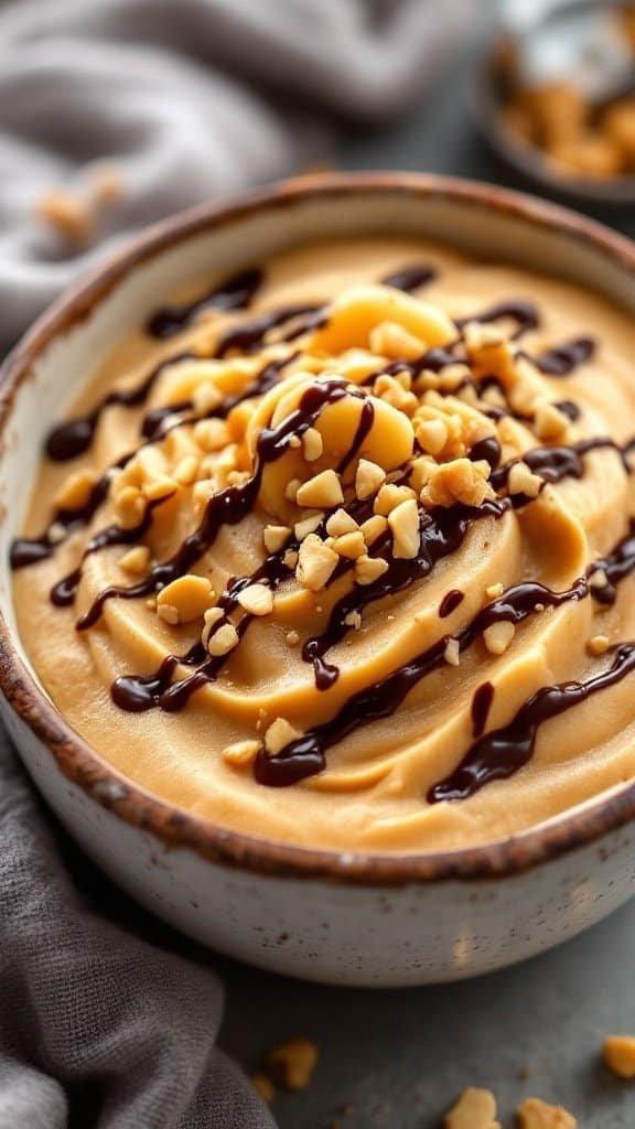 A bowl of creamy peanut butter banana pudding topped with chopped peanuts and chocolate drizzle.