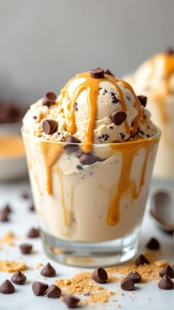 A delicious scoop of peanut butter chocolate chip ice cream topped with chocolate chips and peanut butter drizzle.