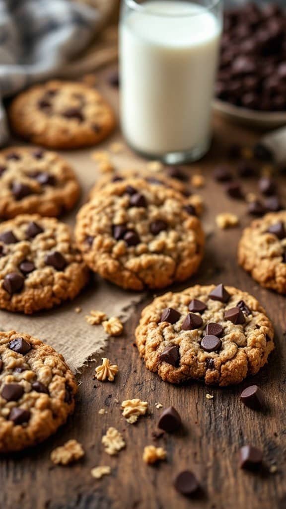 Peanut butter oatmeal cookies with dark chocolate chunks on a wooden surface