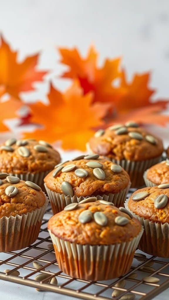 Pumpkin spice muffins topped with pumpkin seeds