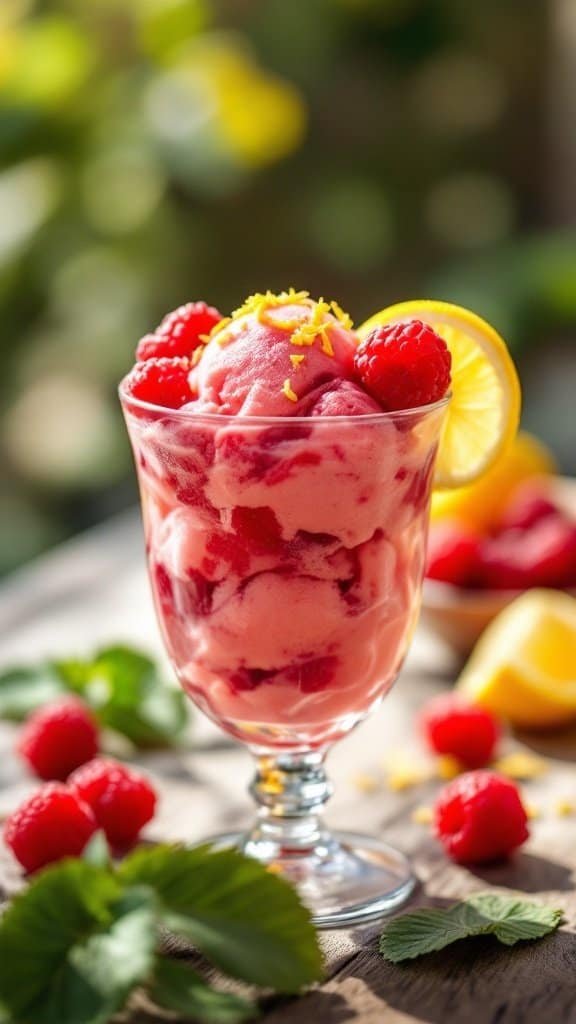 A refreshing raspberry lemon sorbet served in a glass with raspberries and lemon slices.