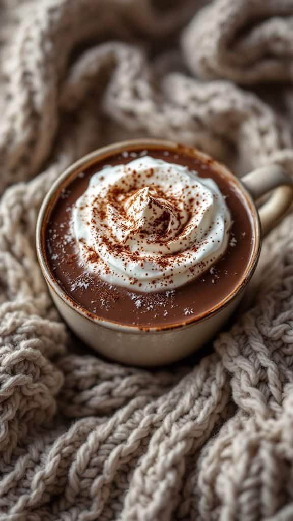 A cozy cup of rich dark chocolate cocoa with whipped cream on top.