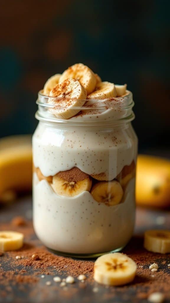 A delicious jar of spiced chia banana pudding topped with banana slices and a sprinkle of cinnamon.