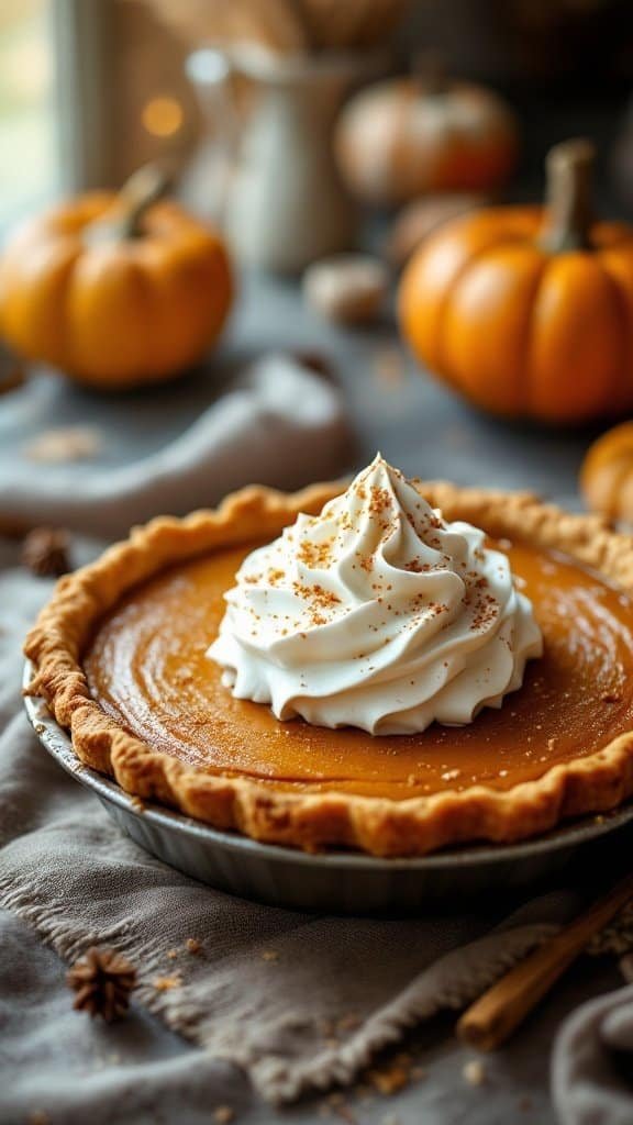 A delicious spiced sugar-free pumpkin pie topped with coconut whipped cream, garnished with a sprinkle of spices.