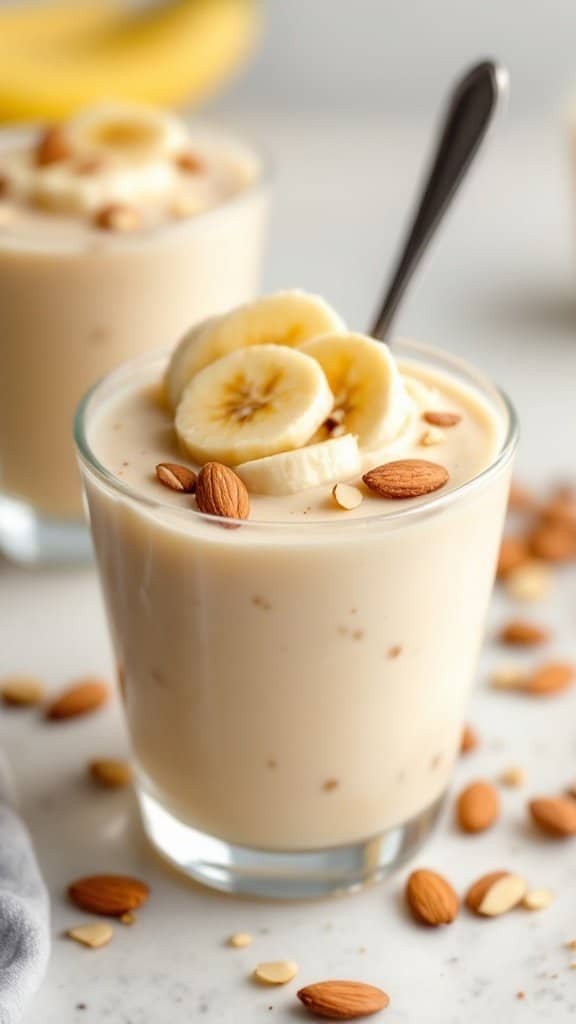 Vanilla Almond Banana Pudding in a glass topped with banana slices and almonds