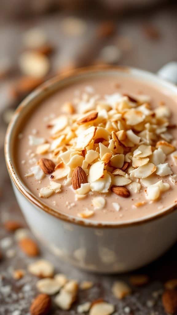 A cup of hot cocoa topped with sliced almonds, showcasing a creamy chocolate drink.
