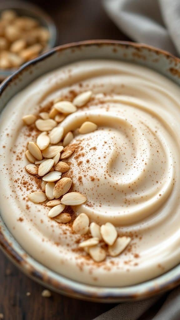 A creamy vanilla almond protein pudding topped with almond slices and a sprinkle of cinnamon.
