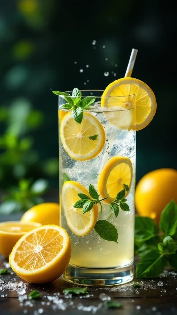 A refreshing glass of lemon basil sparkler drink with lemon slices and basil leaves