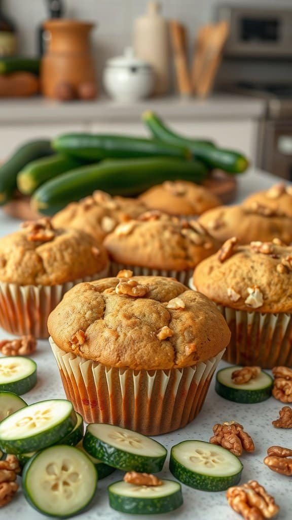 Zucchini and walnut muffins with sliced zucchini and walnuts scattered around