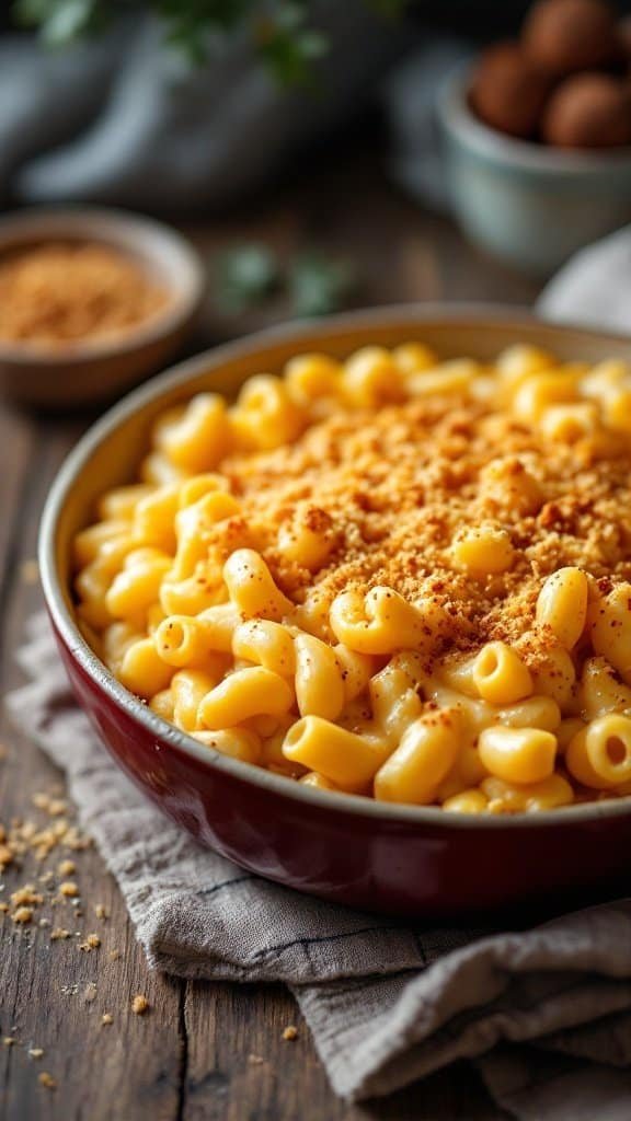 A creamy baked mac and cheese dish with a crunchy breadcrumb topping.