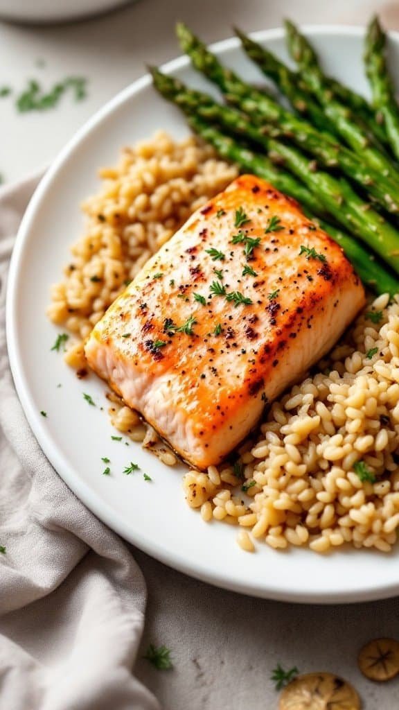 Baked salmon with asparagus and brown rice on a plate