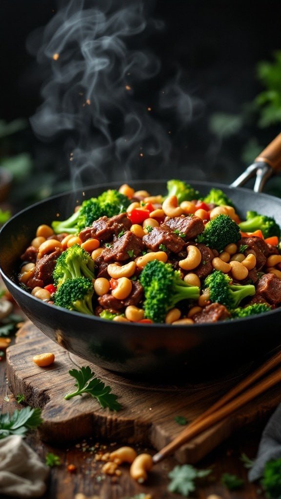 A bowl of beef stir-fry with broccoli and cashews.