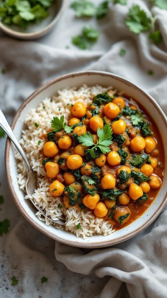 Bowl of chickpea and spinach curry served over jasmine rice, garnished with cilantro.
