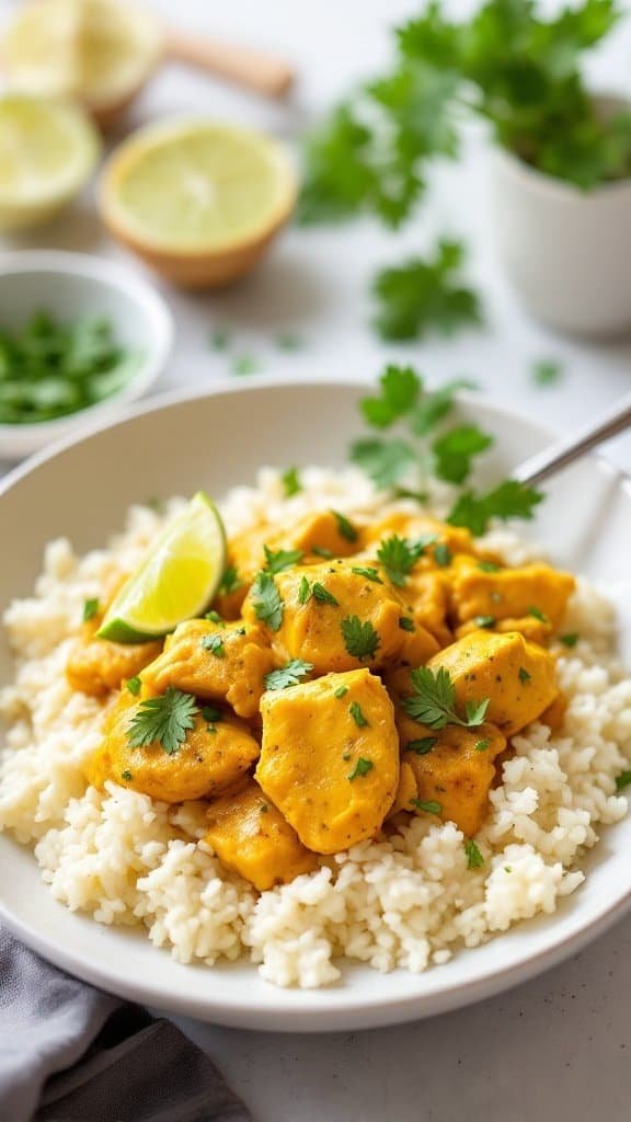 A bowl of coconut curry chicken served with cauliflower rice, garnished with cilantro and lime.