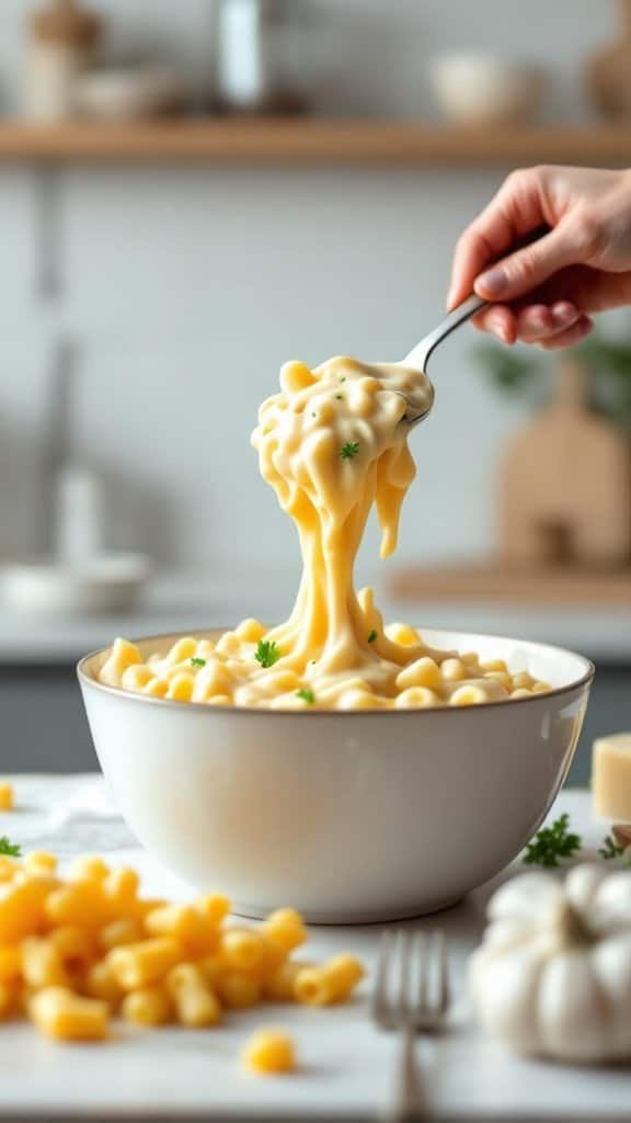 A bowl of creamy macaroni and cheese with cottage cheese sauce