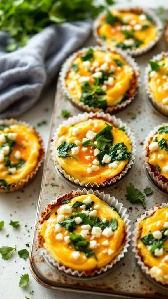 Baked egg muffins with spinach and feta cheese in a muffin tin