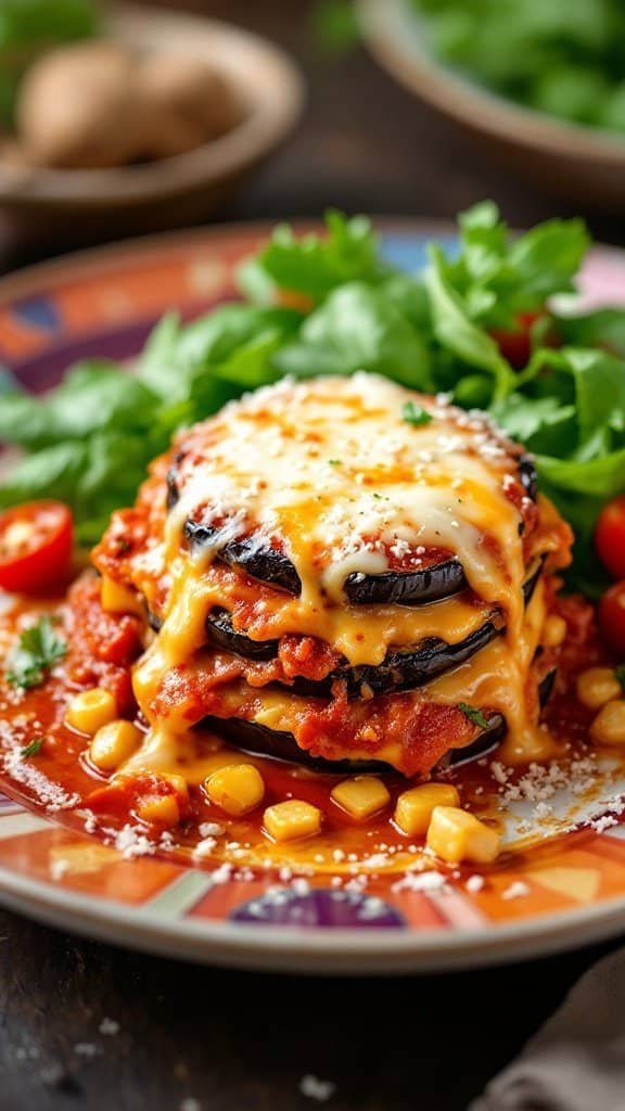 Eggplant Parmesan served with a fresh side salad