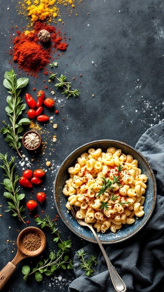 Bowl of cottage cheese mac and cheese with herbs and spices