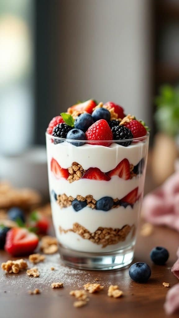 A delicious Greek yogurt parfait with layers of granola and fresh berries.