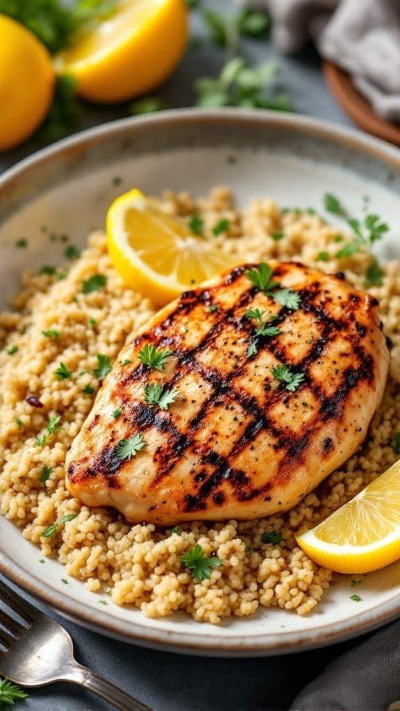 Grilled Lemon Herb Chicken served on a plate with quinoa and lemon slices