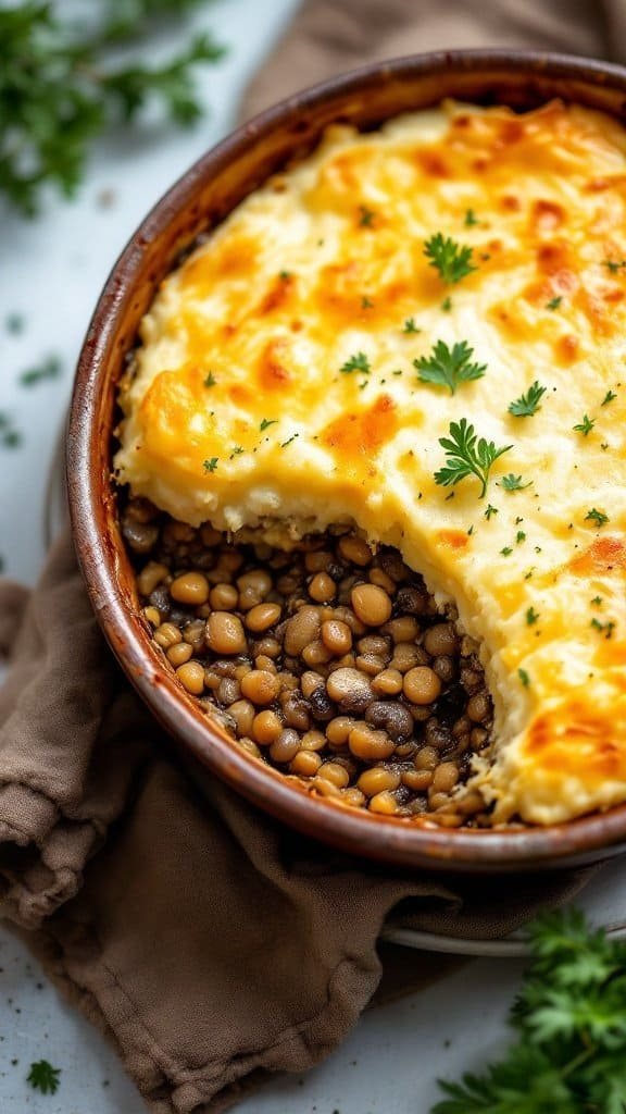 A serving of lentil and mushroom shepherd's pie with a golden brown potato topping, garnished with parsley.