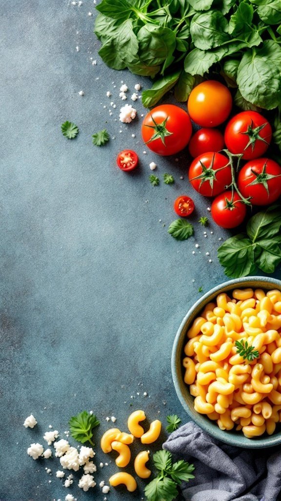 A bowl of macaroni pasta, fresh vegetables, and cottage cheese, highlighting a nutritious take on a classic dish.